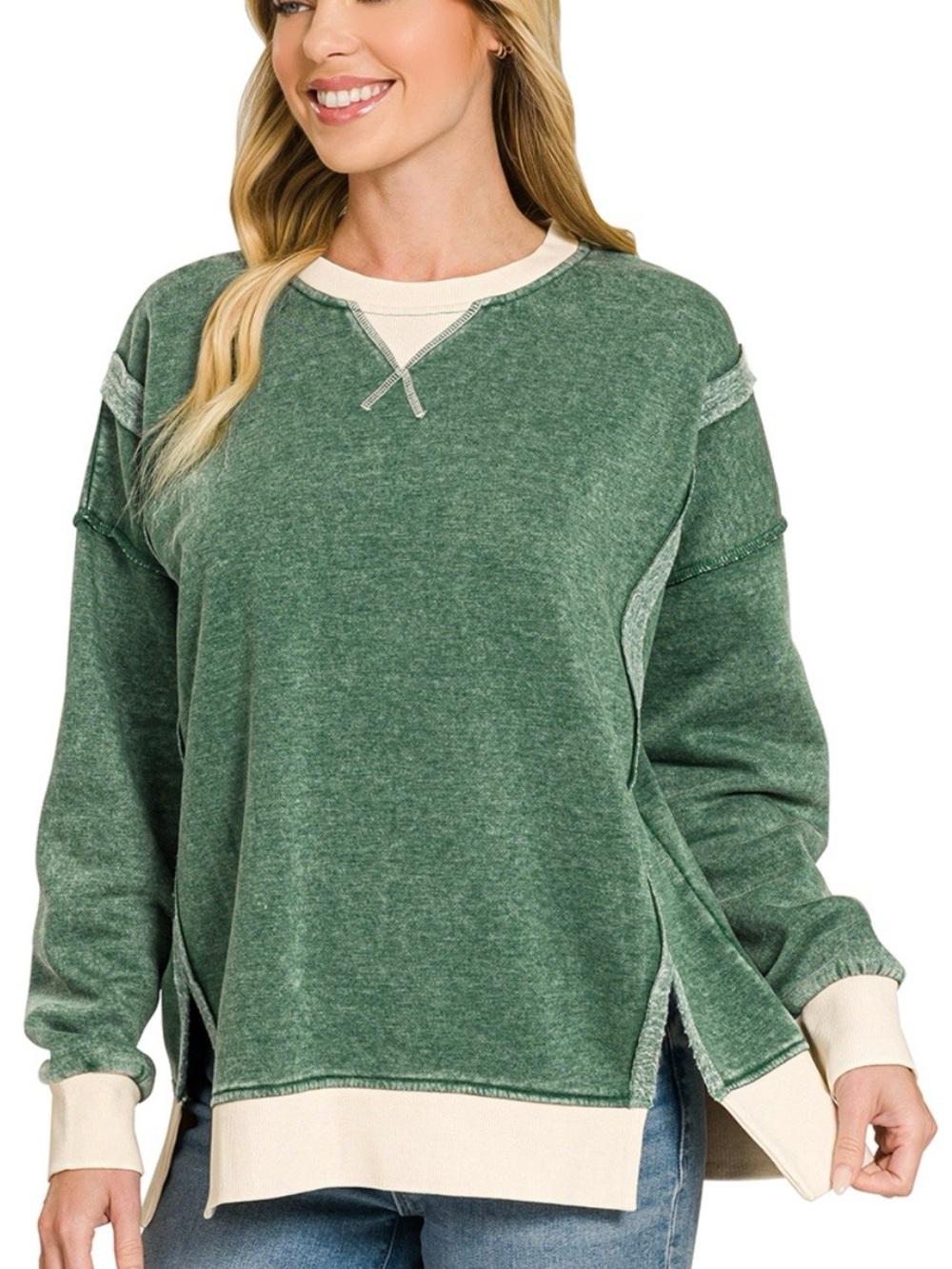Zenana Outfitters Green Pullover Sweatshirt with Cream Trim